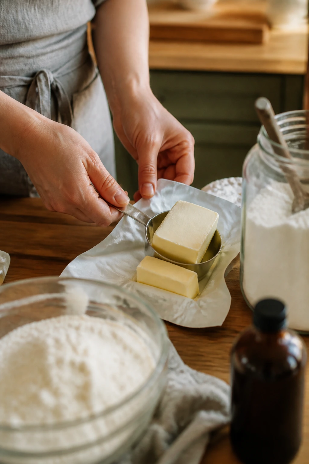Close-up of hands measuring unsalted butter and flour in a warm kitchen, illustrating smart shopping and ingredient tips