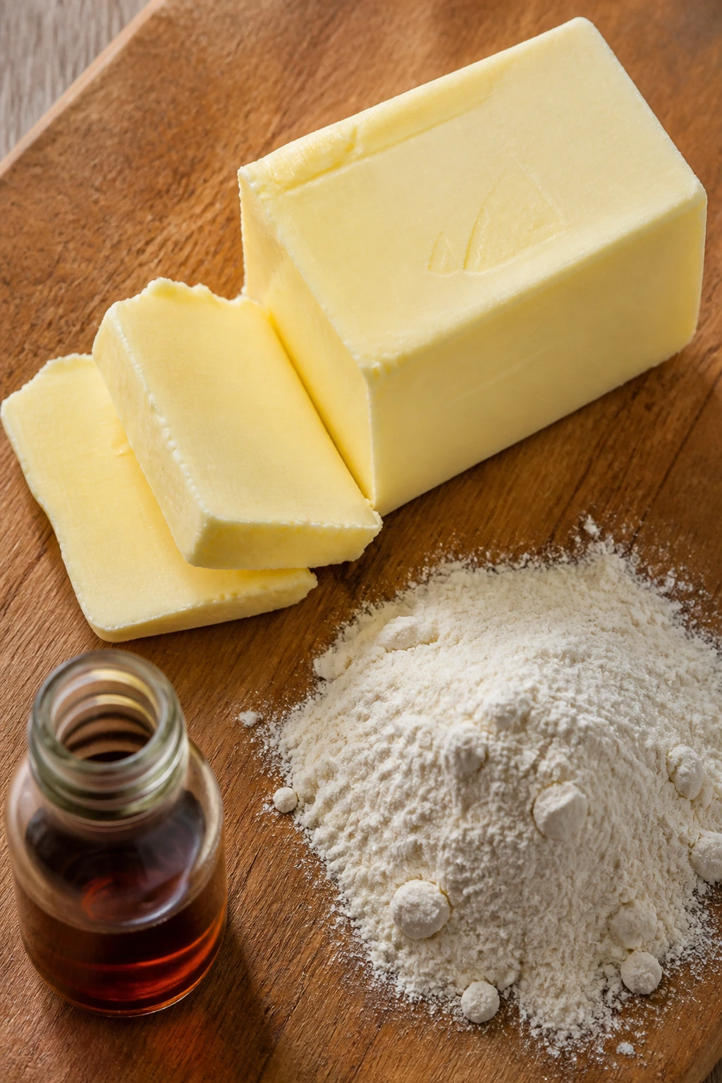 Butter, flour, and vanilla bottle on counter