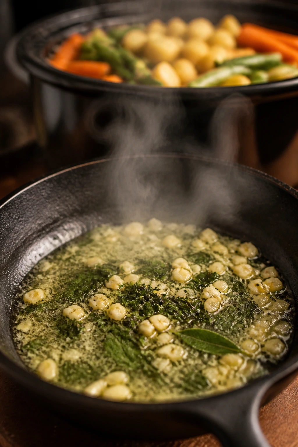 Skillet with butter, garlic, and sage warming to boost flavor for vegetables