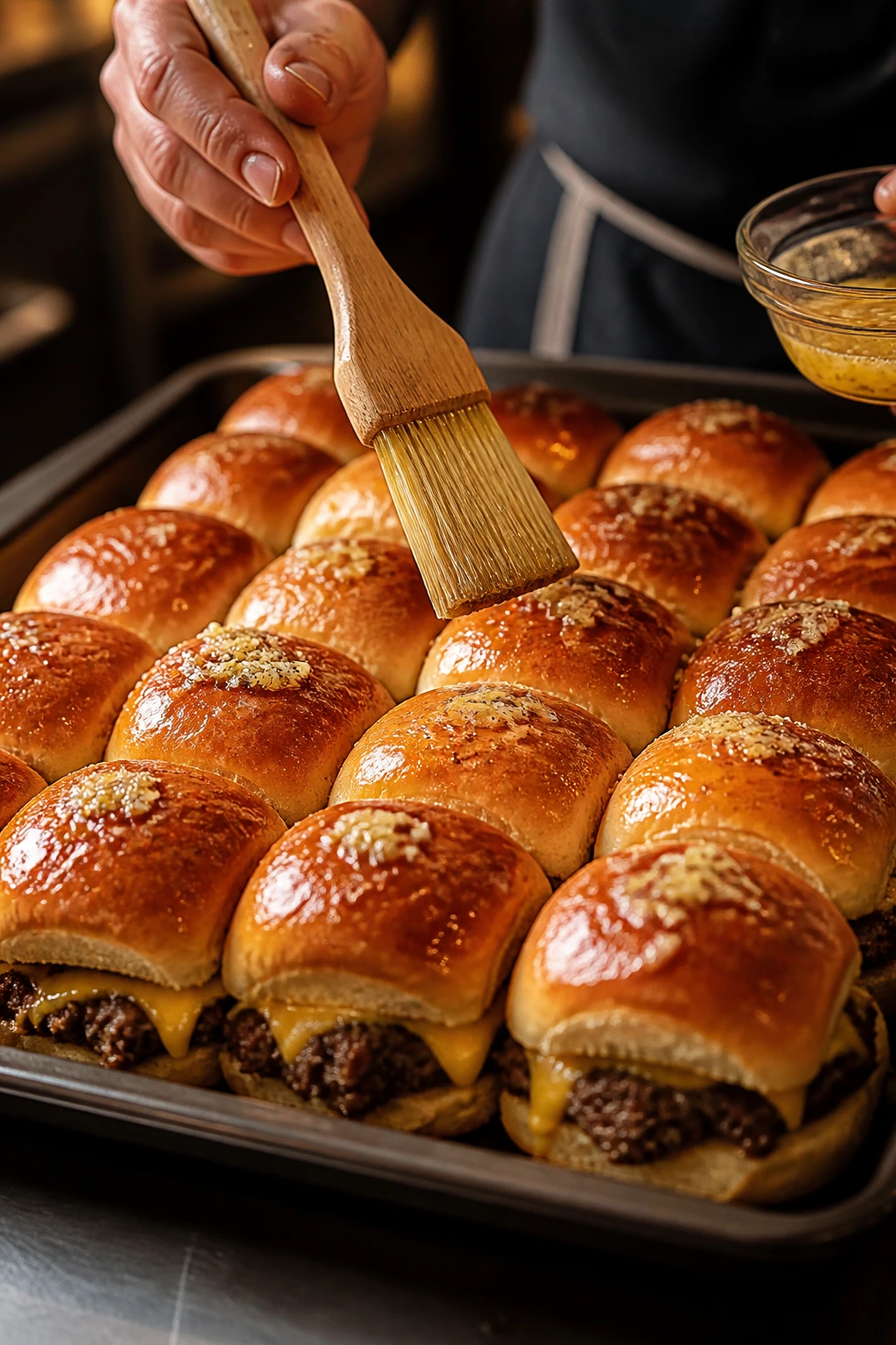 Cook brushing butter onto slider tops to boost flavor