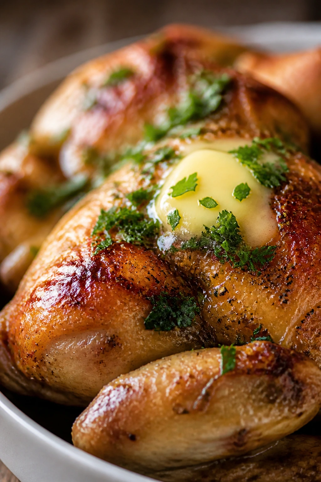 Roasted chicken with butter and herbs on a plate