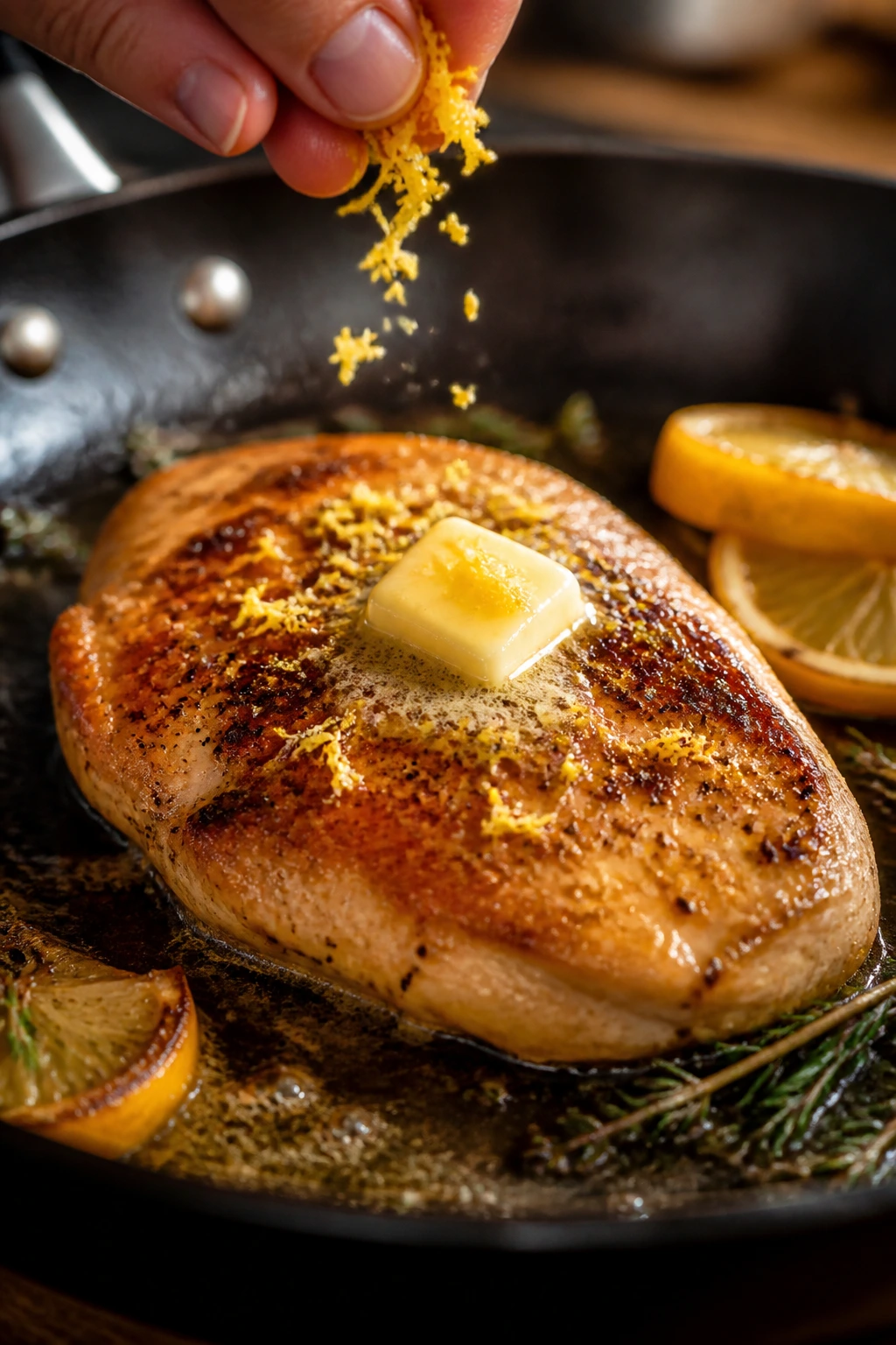 Chicken cutlet finishing with butter and lemon in a hot skillet.