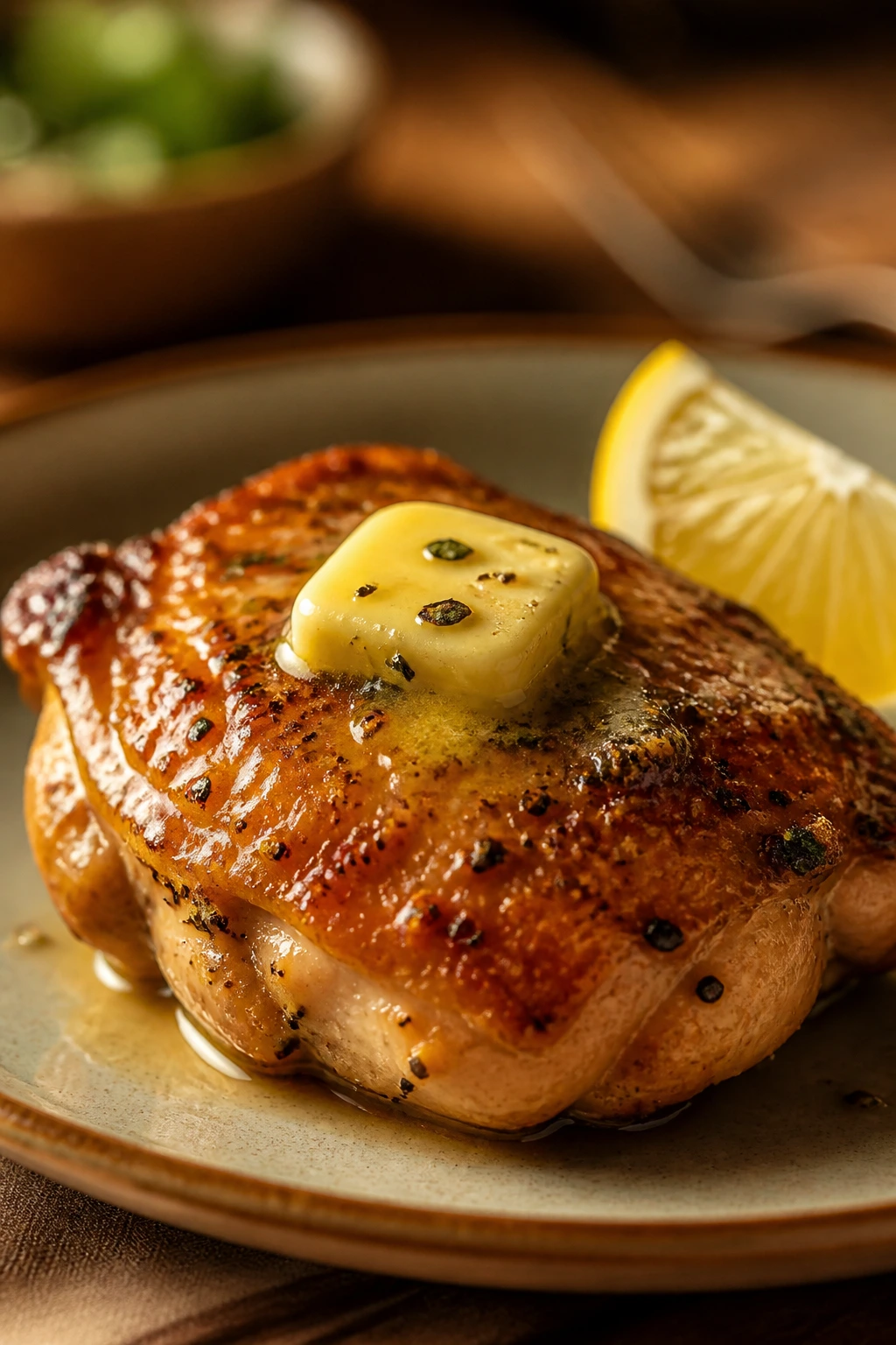 Close-up of juicy chicken with melting butter and lemon wedge on a plate