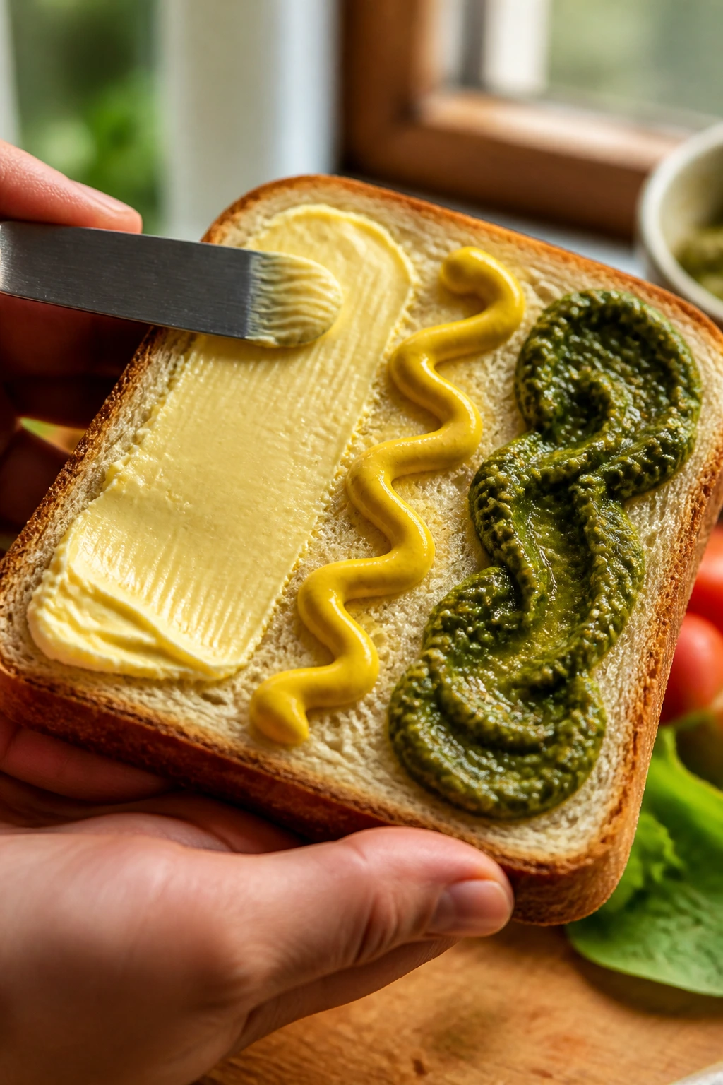 Hands applying butter and condiments to bread for flavor boosters