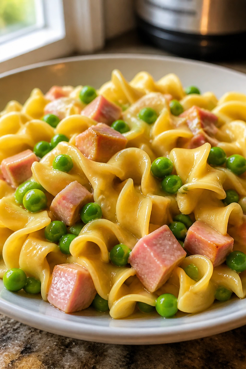 Close-up of butter noodles with ham and peas on a plate