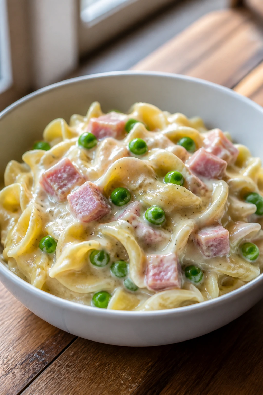 Creamy butter noodles with ham and peas in a bowl