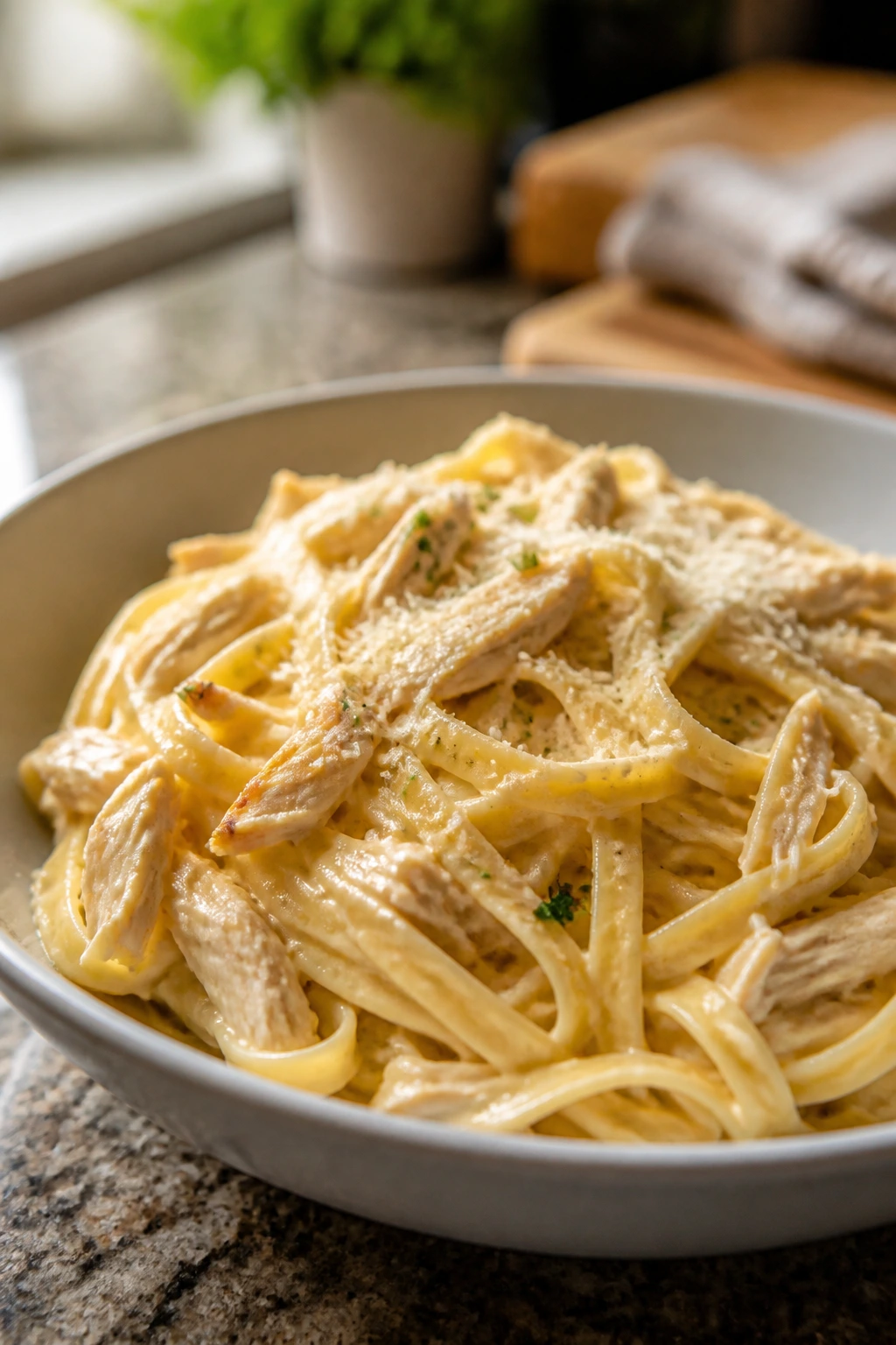 Creamy butter noodles with rotisserie chicken in a bowl