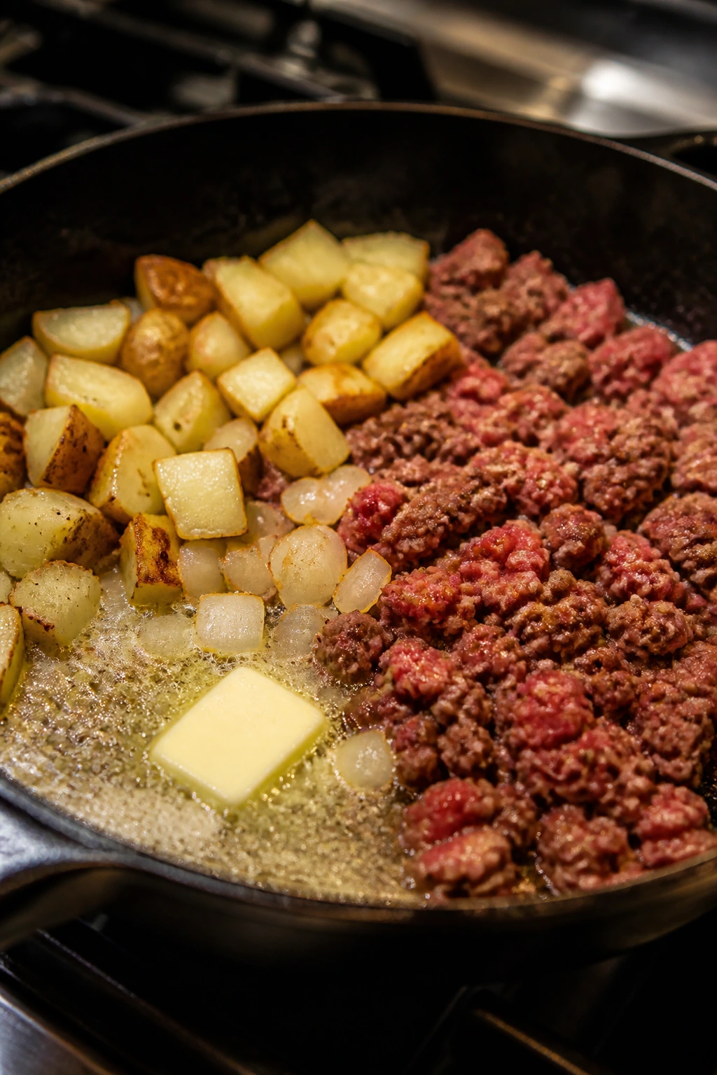 Skillet with butter, onions, potatoes, and beef starting to brown