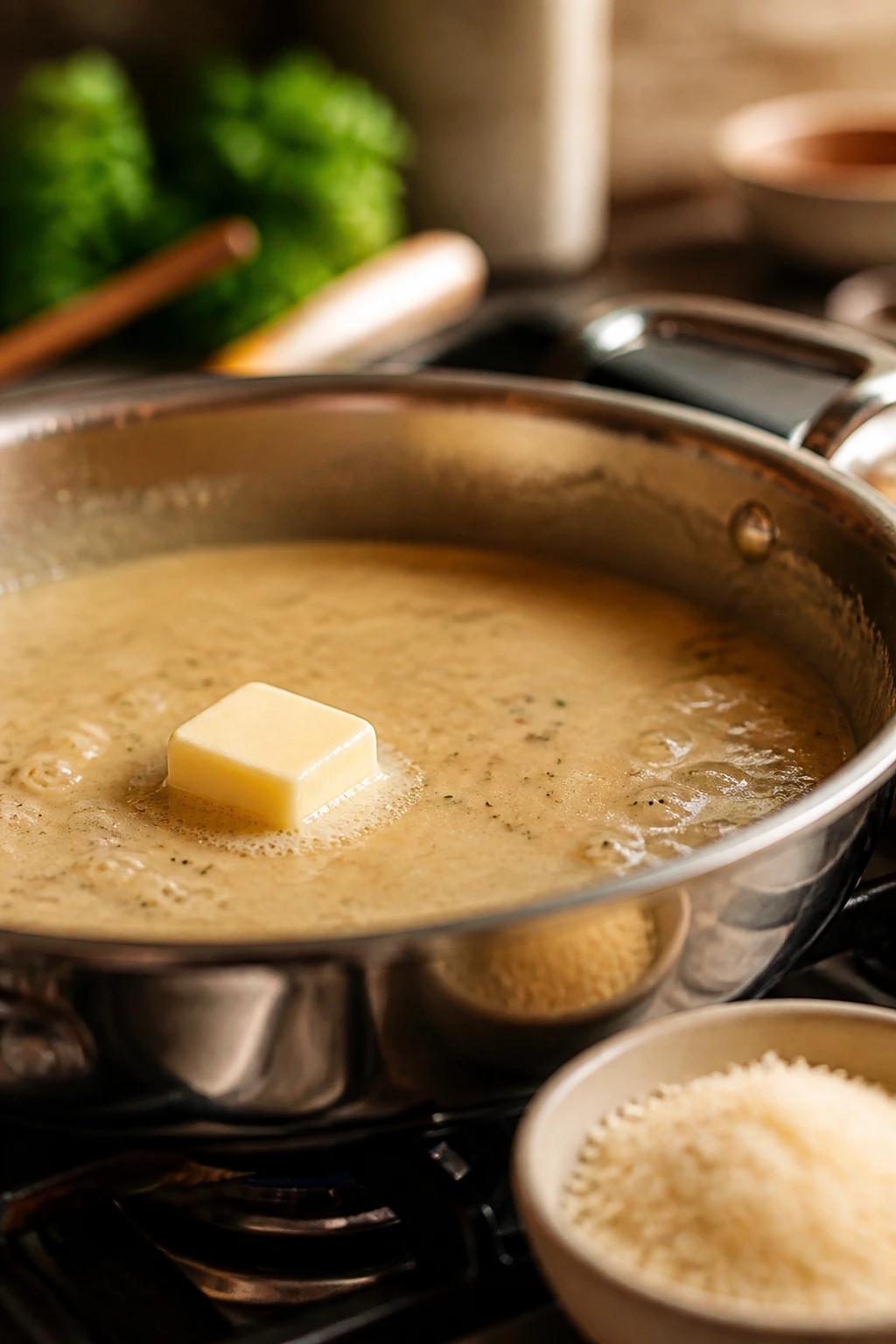 Butter melting into sauce with Parmesan nearby