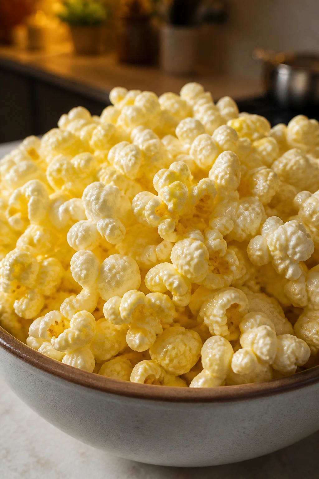 Close-up of buttered popcorn filling a large bowl