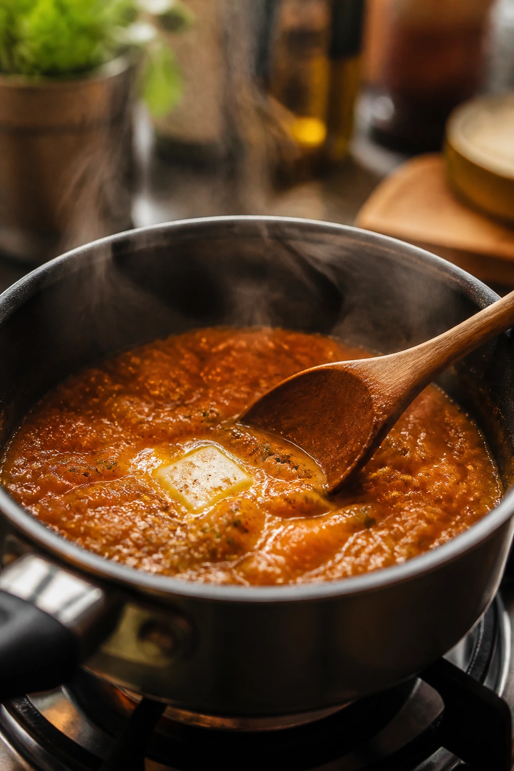 Spoon stirring butter into sauce on stove