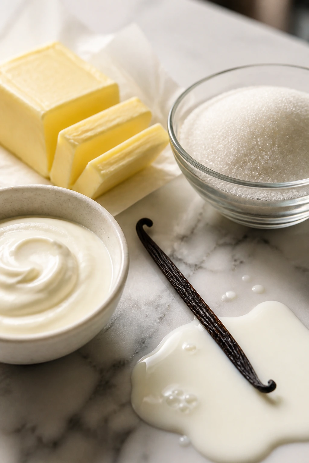 Close-up of key cake ingredients arranged on a kitchen counter