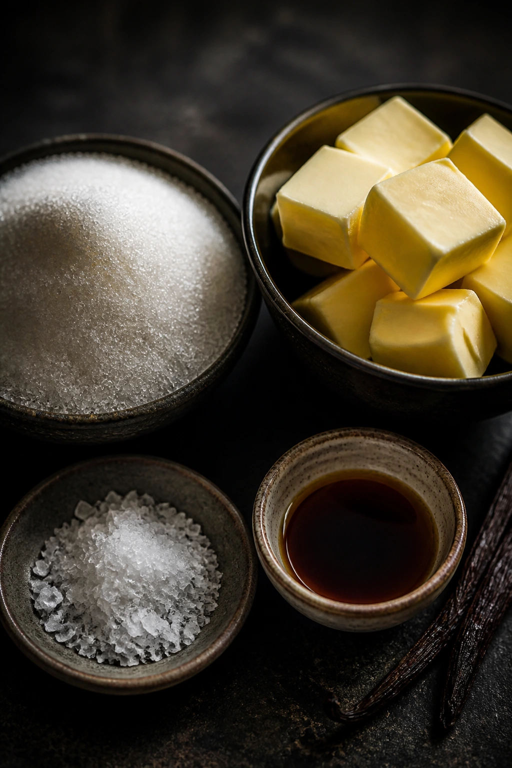 Macro still-life of butter, sugar, salt, and vanilla showing textures