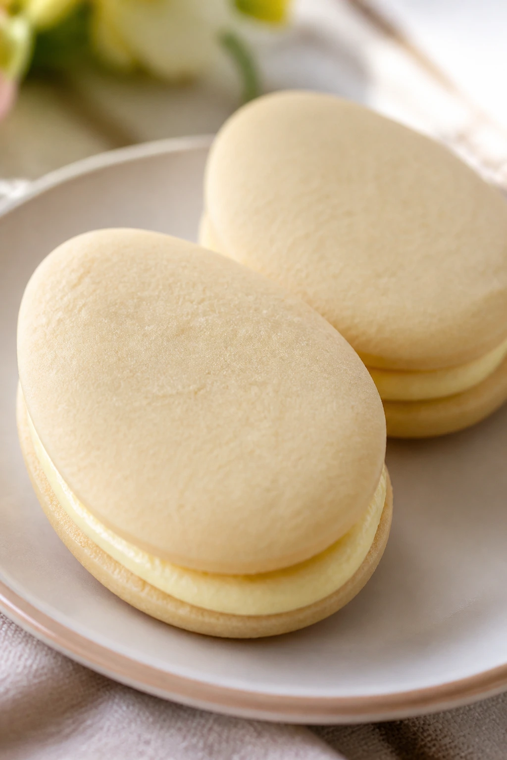 Vanilla buttercream sandwich eggs with filling visible