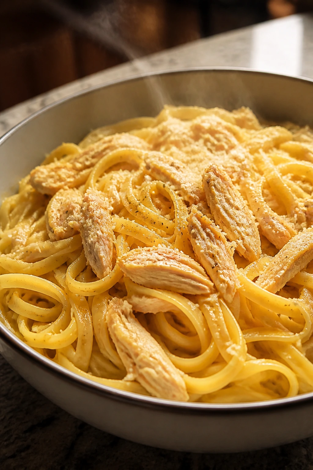 Close-up of buttered chicken noodles in a bowl
