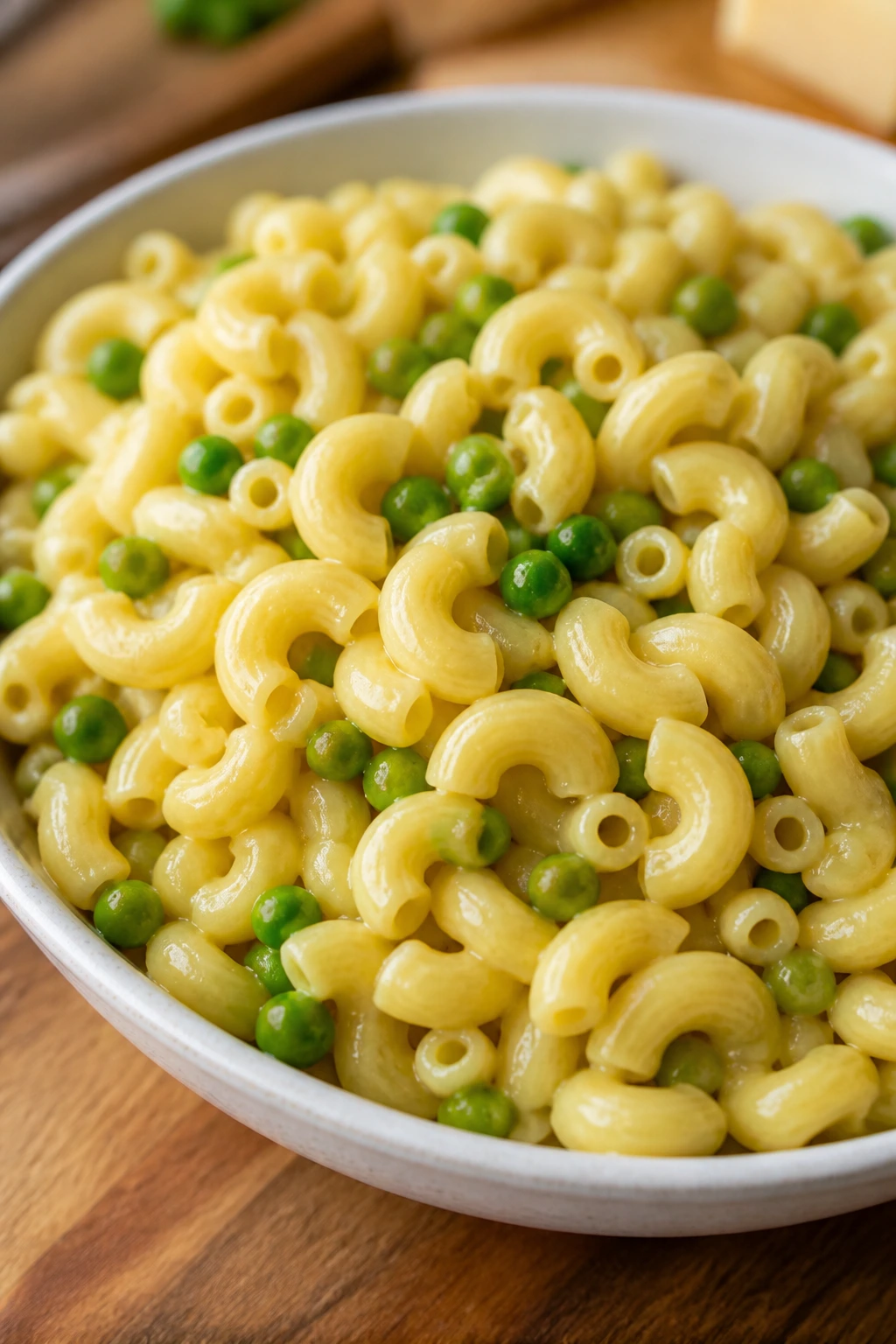 Glossy buttered macaroni with peas in a shallow bowl on a wooden table