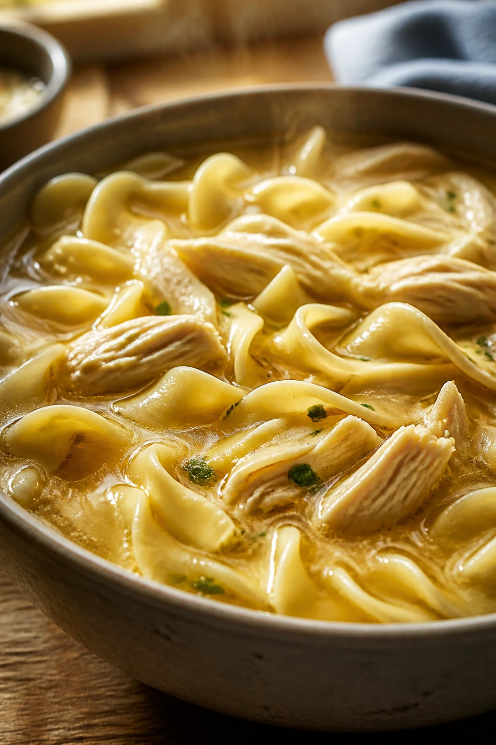 Close-up of buttered noodle chicken soup in a bowl