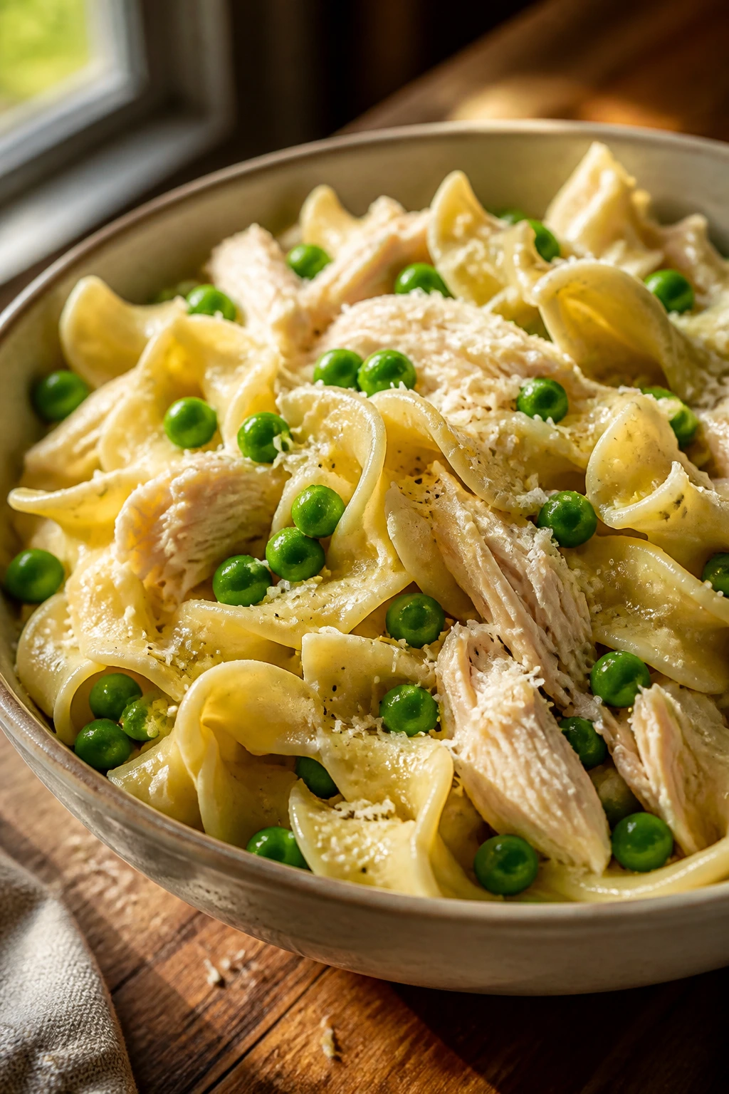 Buttered noodles with chicken and peas in a bowl