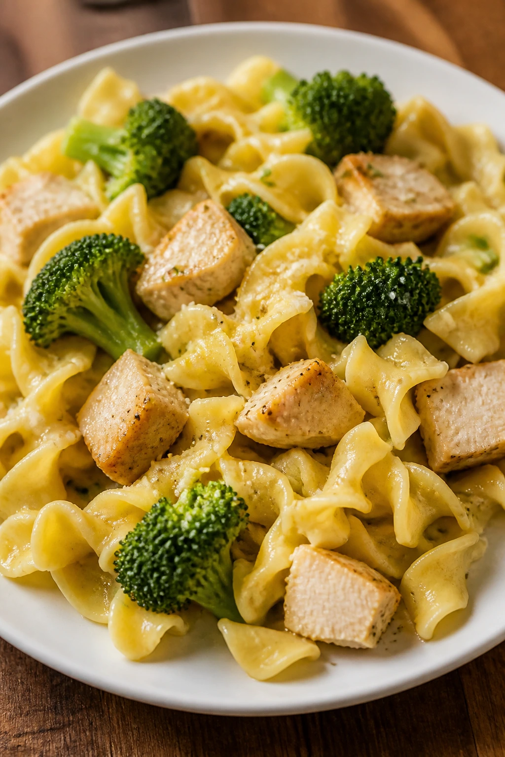 Plate of buttered noodles with chicken and broccoli in a warm kitchen
