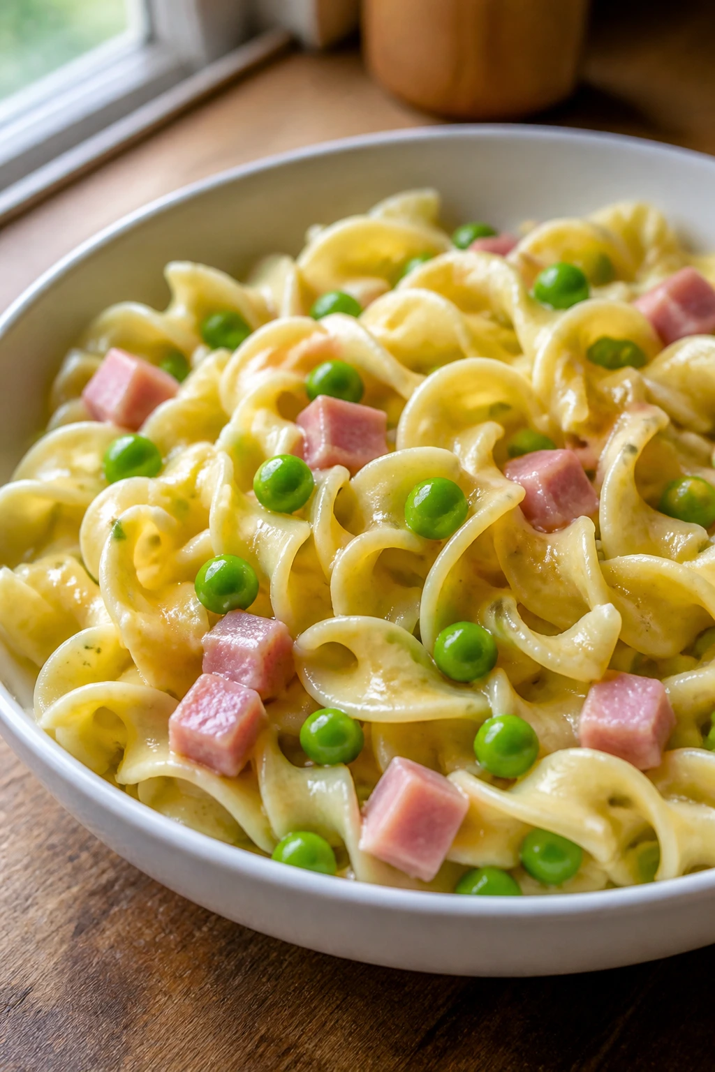 Close-up of buttered noodles with peas and ham in a bowl