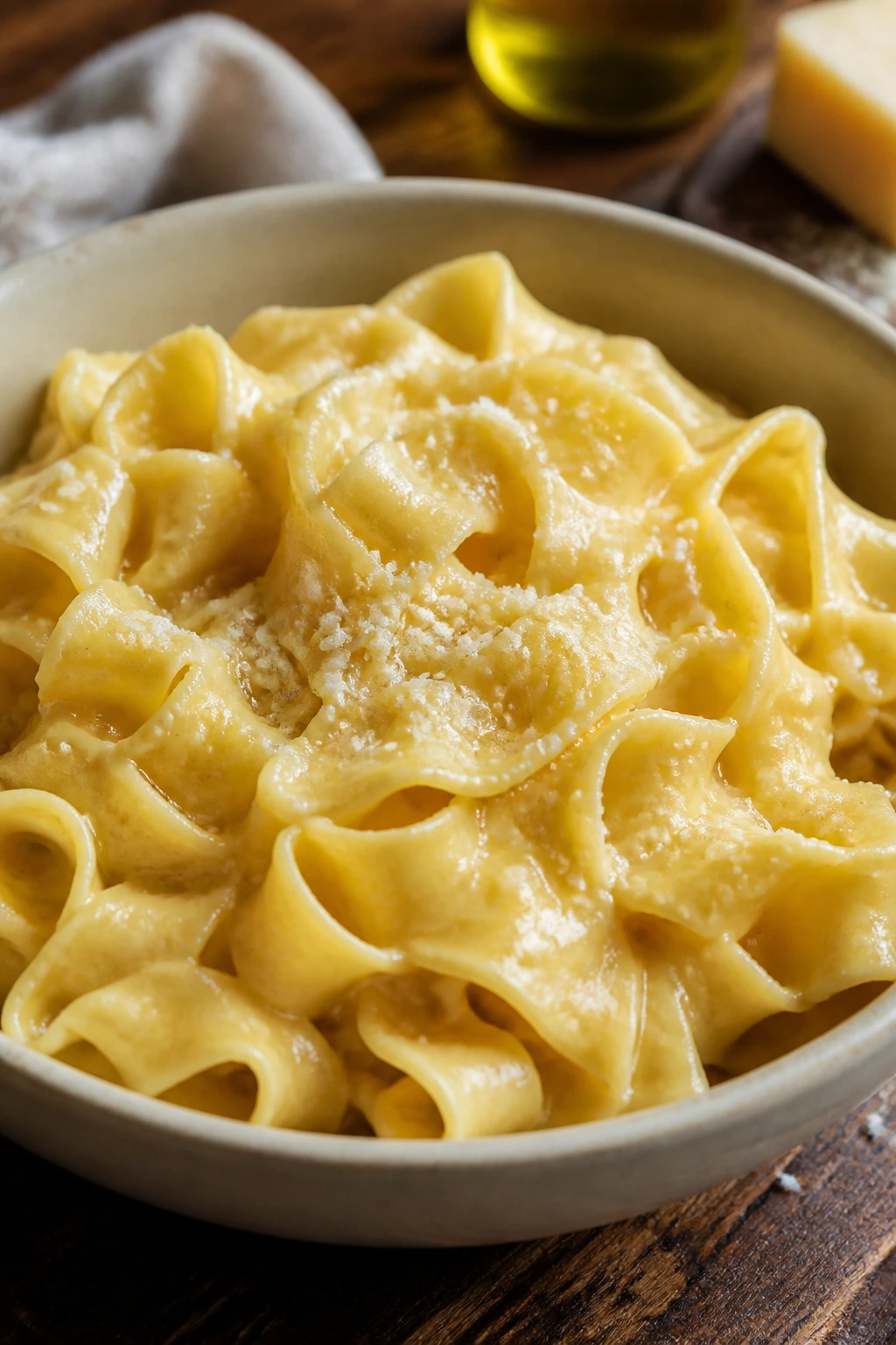 Glossy buttered parmesan noodles in a bowl