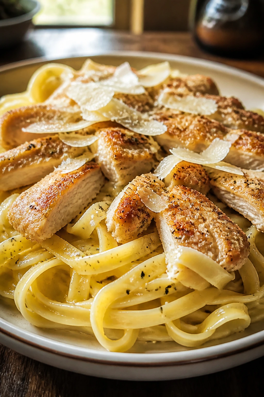 Close-up of buttered noodles with parmesan chicken on a rustic table