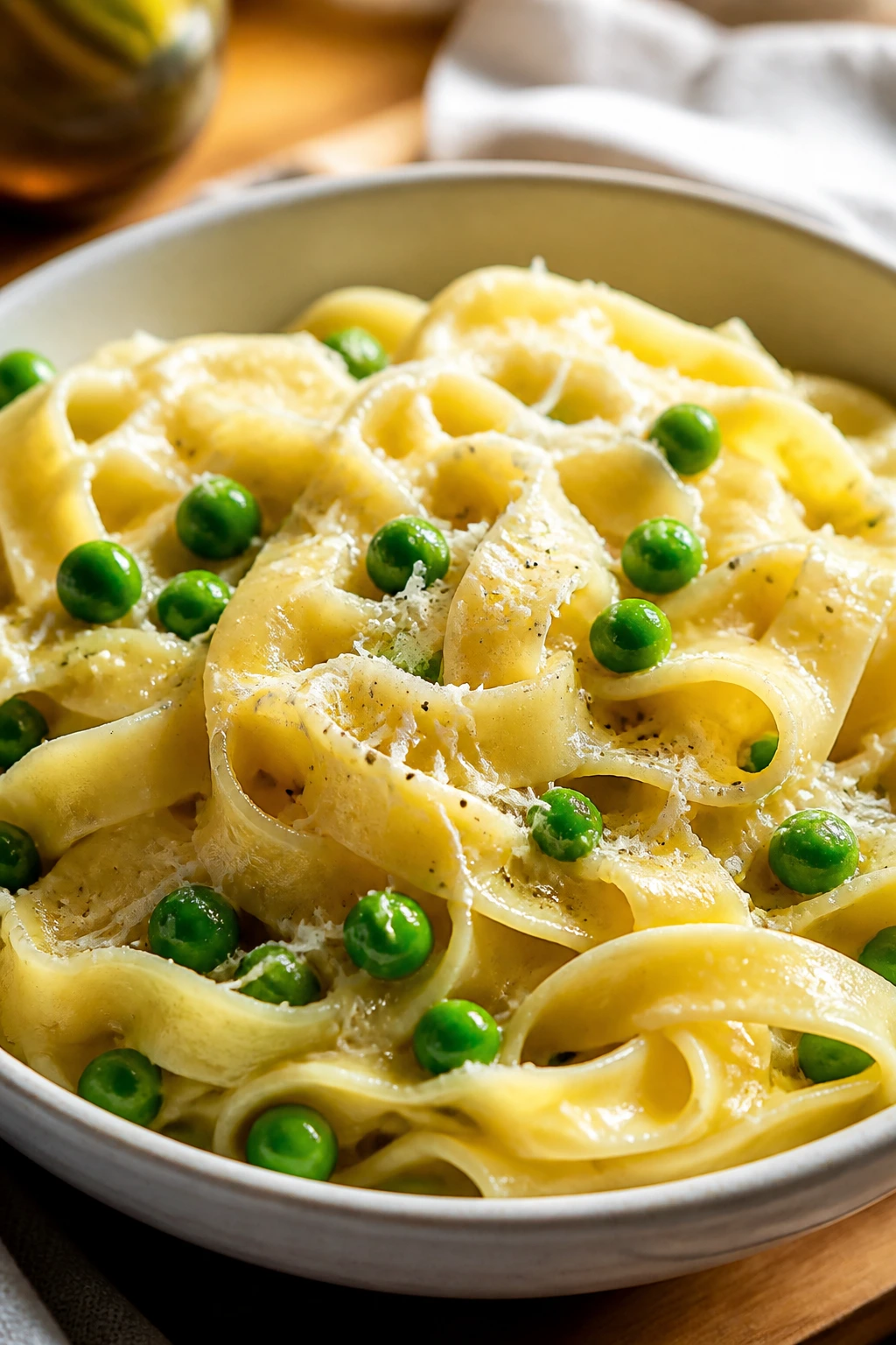 Close-up of buttered noodles with peas and parmesan