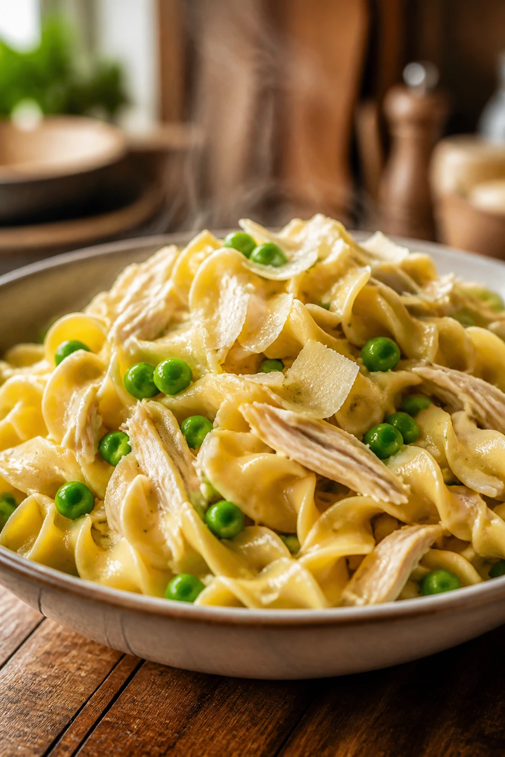 Close-up of buttered noodles with peas and chicken in a bowl