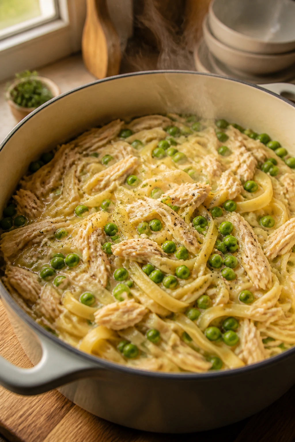 Buttered noodles with peas and chicken in a pot