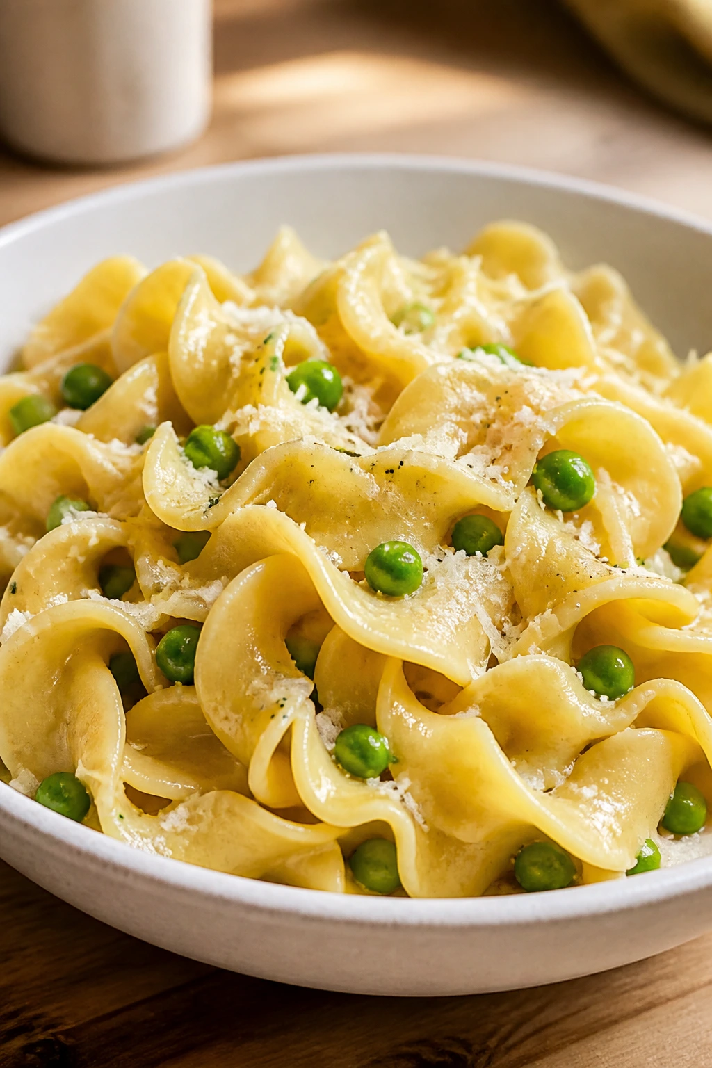 Close-up of glossy buttered egg noodles with peas and Parmesan in a white bowl