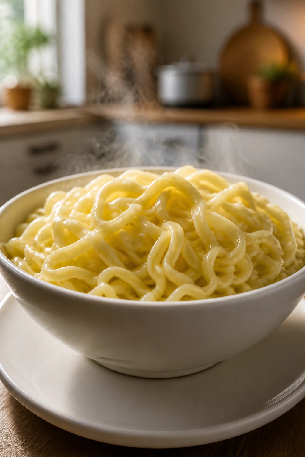 Close-up of buttered noodles on a white plate in a simple home setting