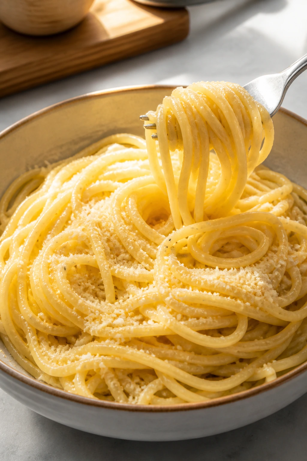 Buttered parmesan noodles in a glossy sauce with fork