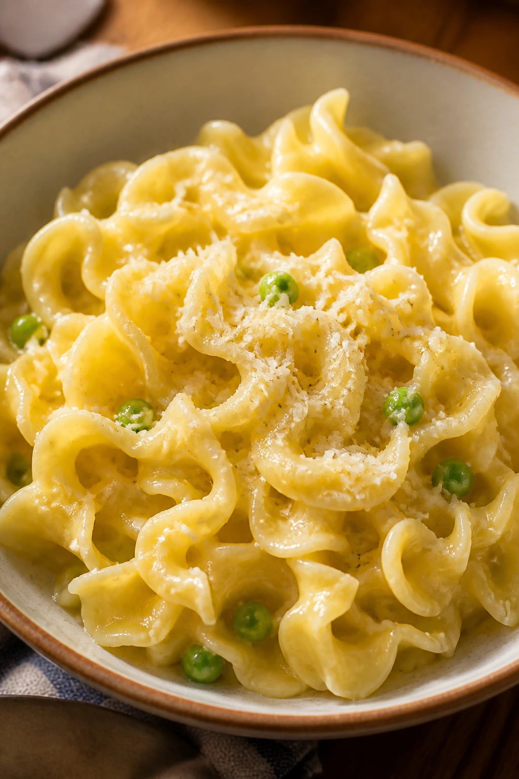 Glossy buttered noodles with parmesan in bowl