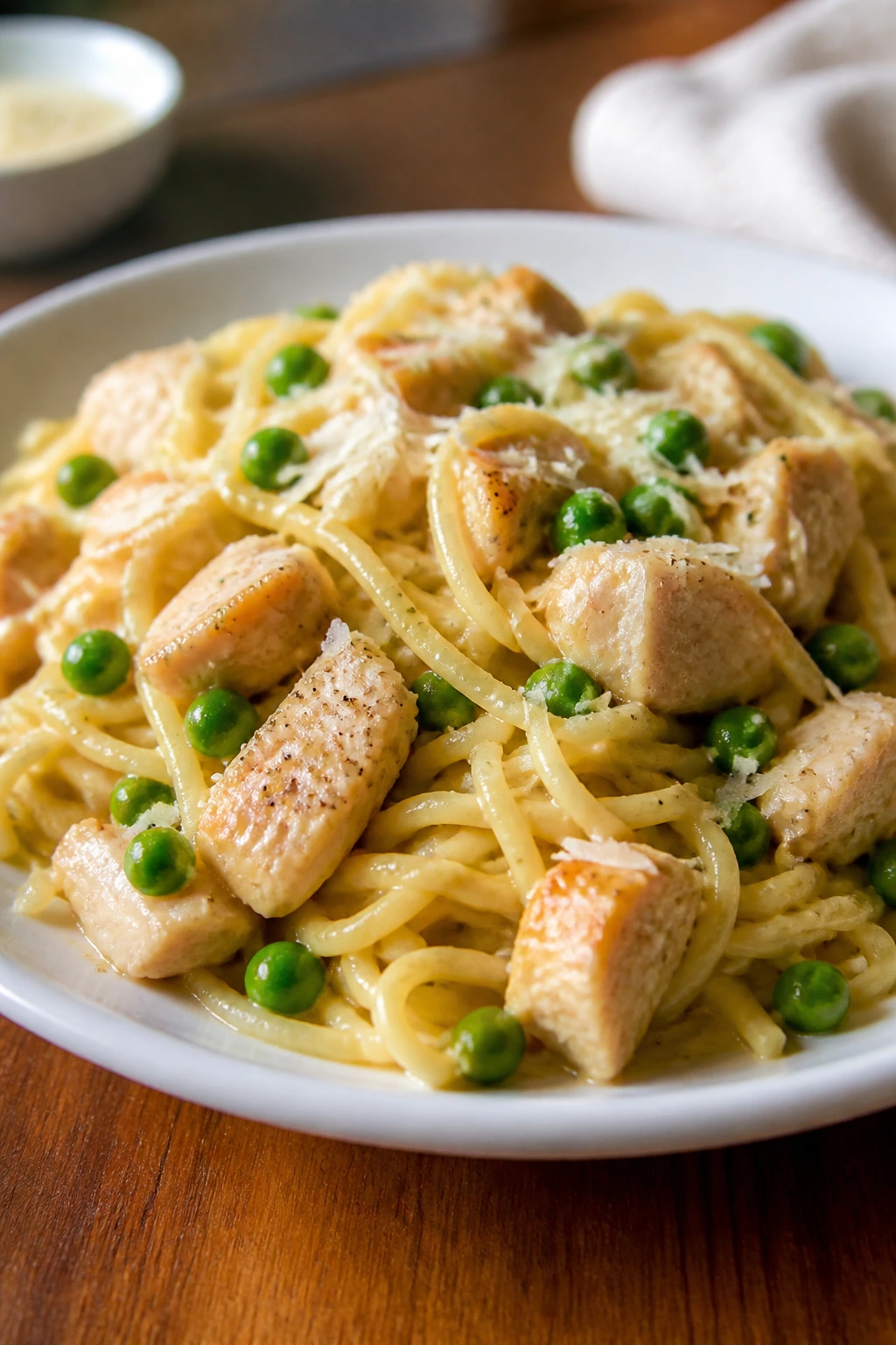 Medium close-up of buttered Parmesan noodles with chicken and peas on a plate