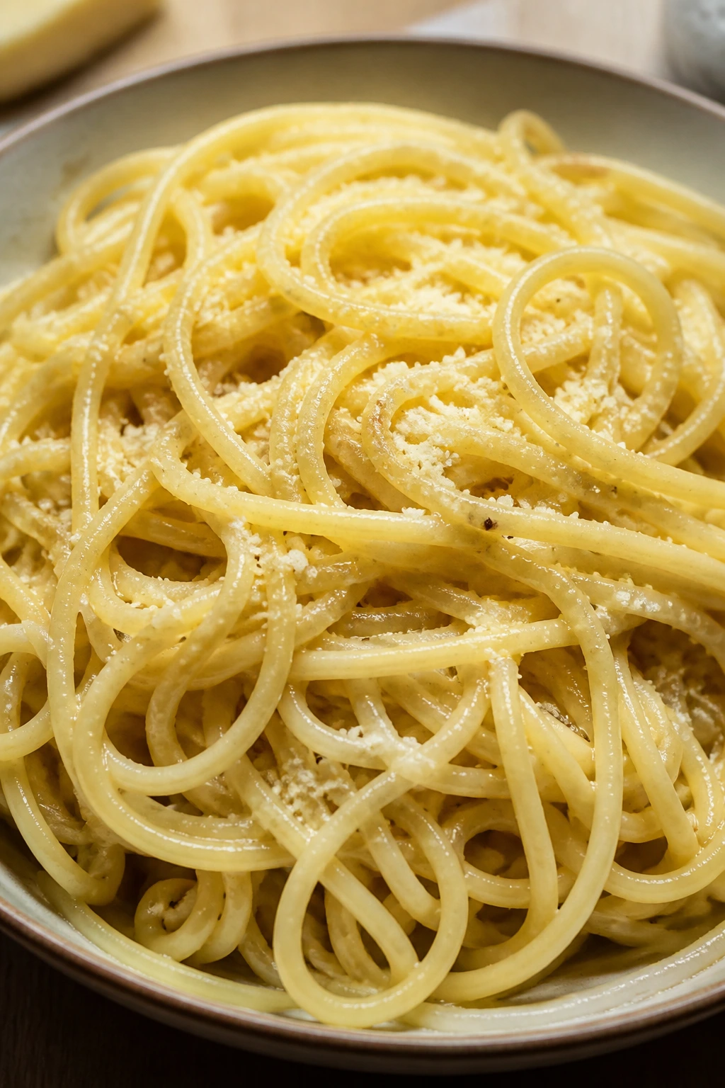 Close-up of buttered parmesan noodles with glossy sauce on a bowl.