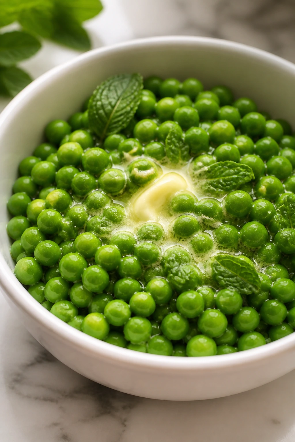 Glossy buttered peas with mint in a bowl