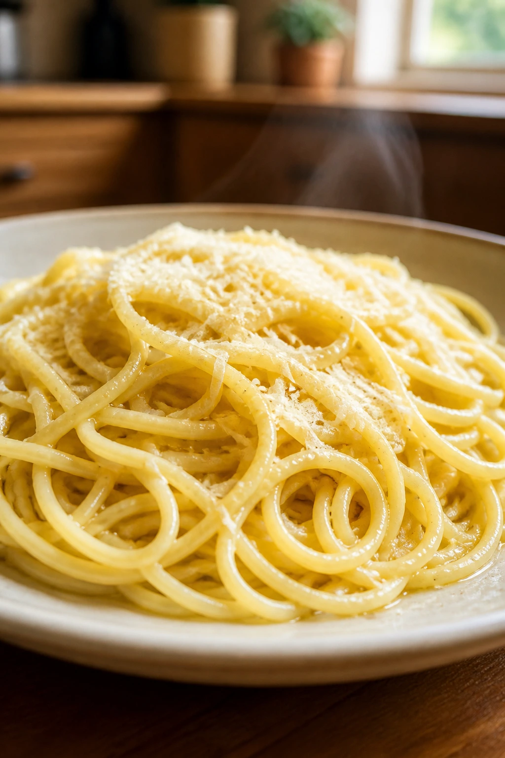 Close-up of buttered spaghetti with parmesan on a warm plate