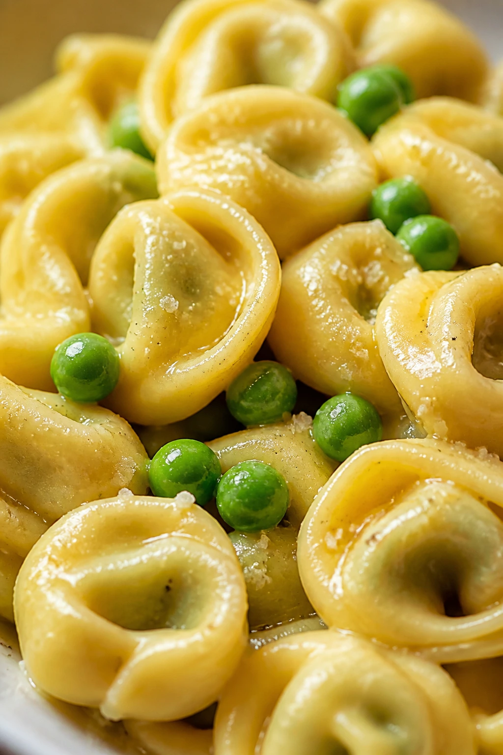 Butterified tortellini with peas in a bowl on a kitchen table