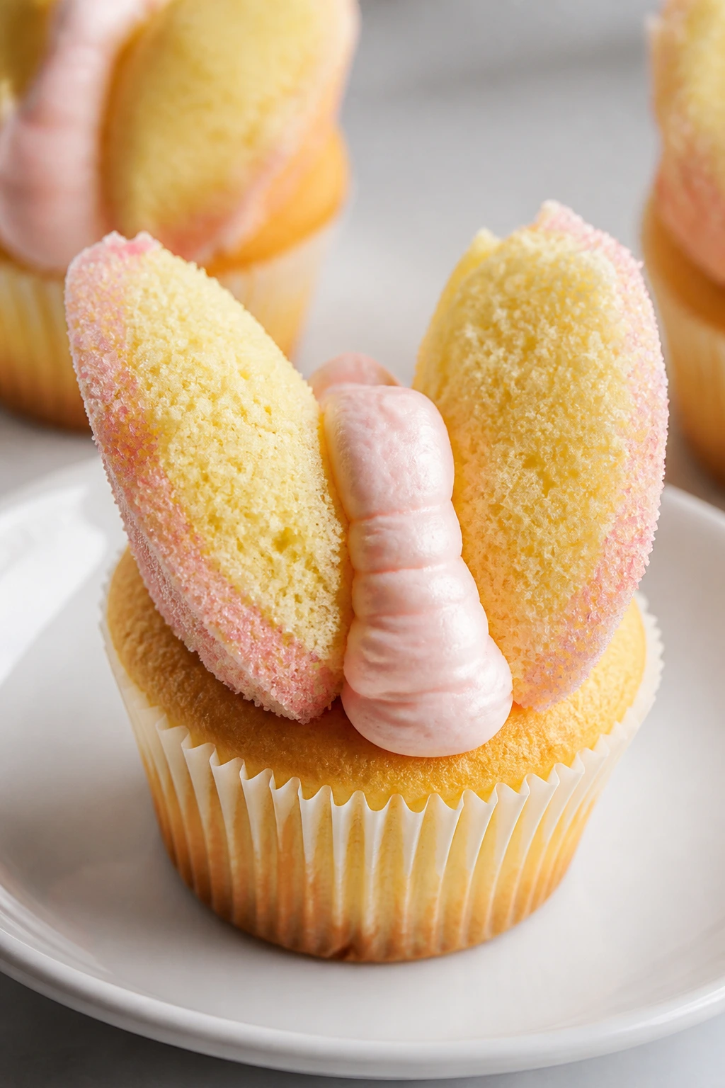 Vanilla butterfly cupcake with wings formed from cake pieces and a frosting body