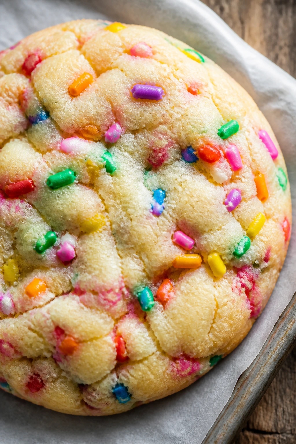 Close-up of a tender buttermilk rainbow cookie with sprinkles on parchment in a cozy kitchen