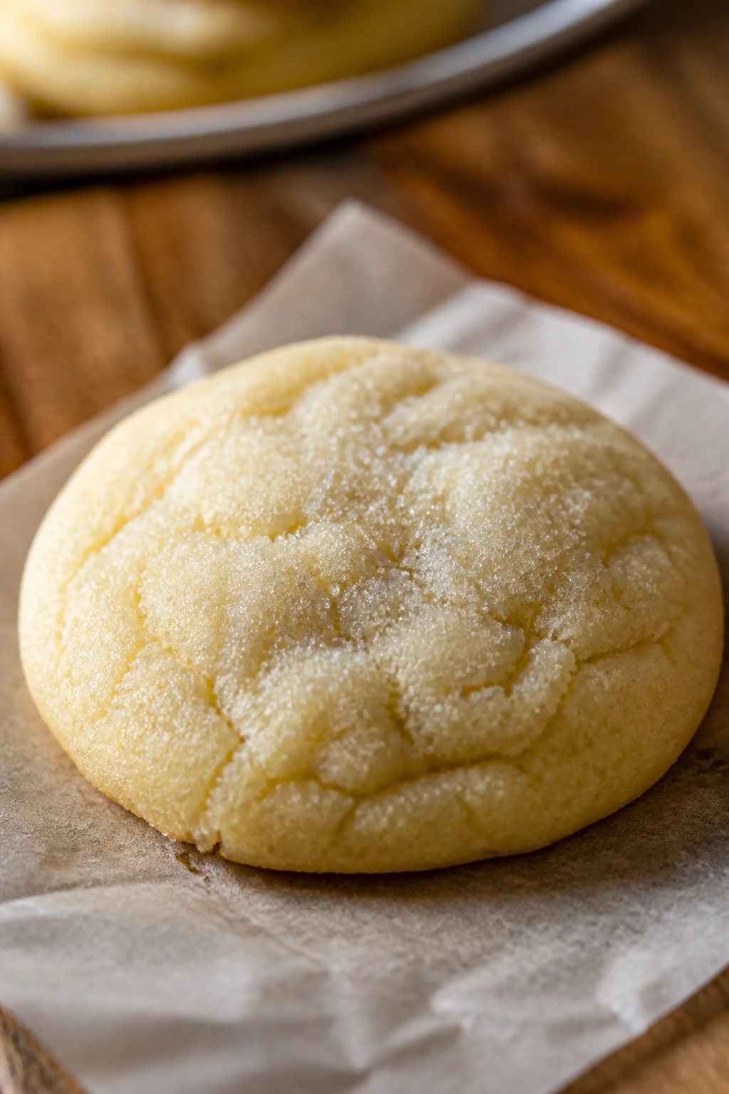 Close-up of a pale buttermilk sugar cookie with sugar coating on parchment