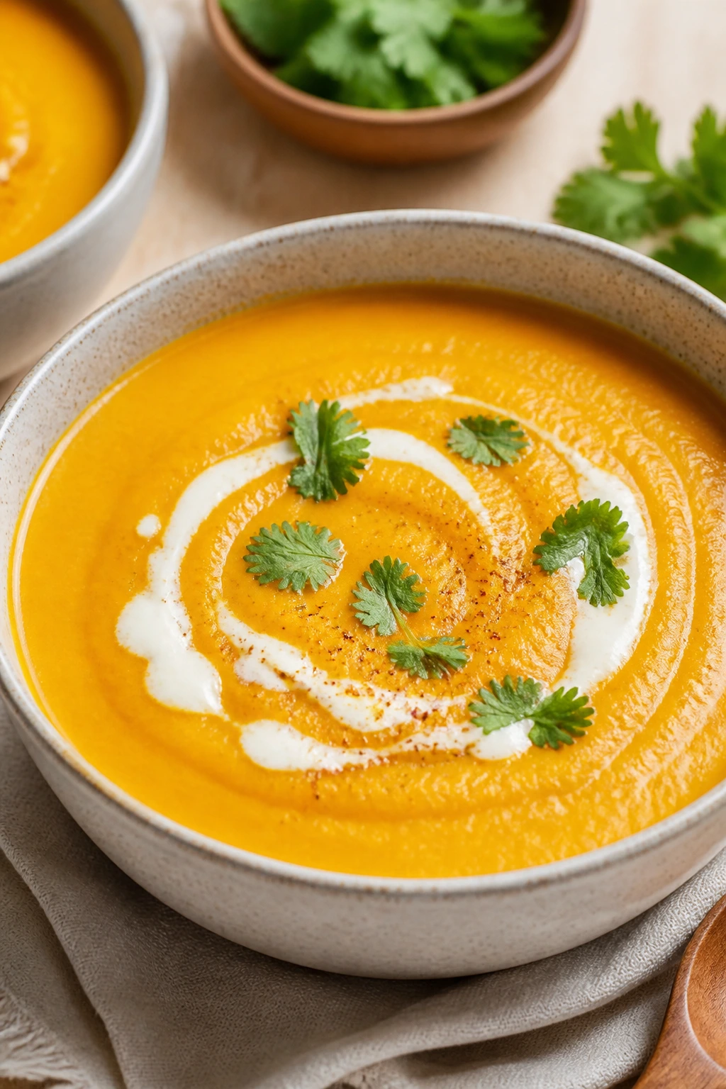 Vibrant curried butternut soup with coconut milk swirl
