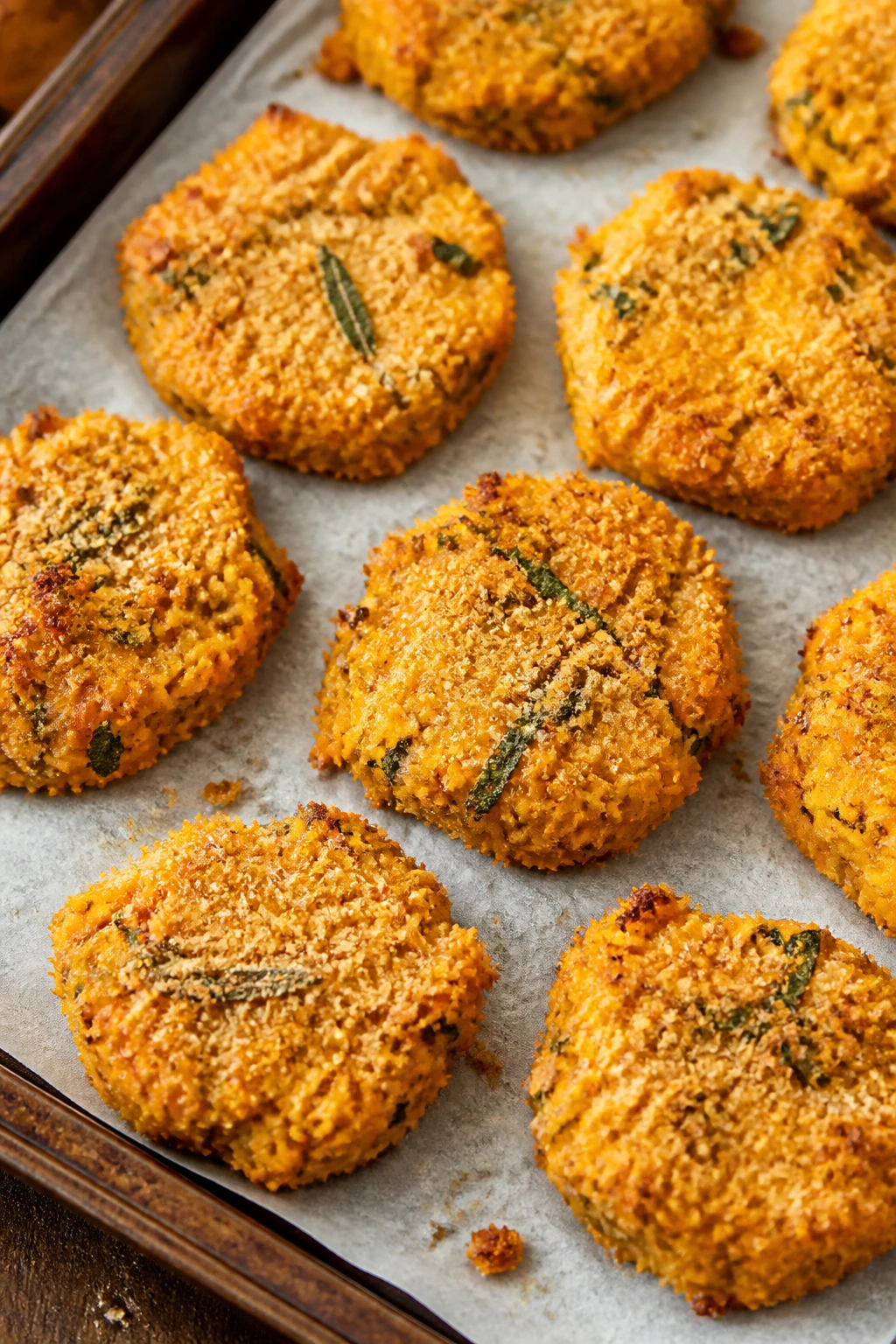 Orange-tan butternut sage veggie nuggets on parchment