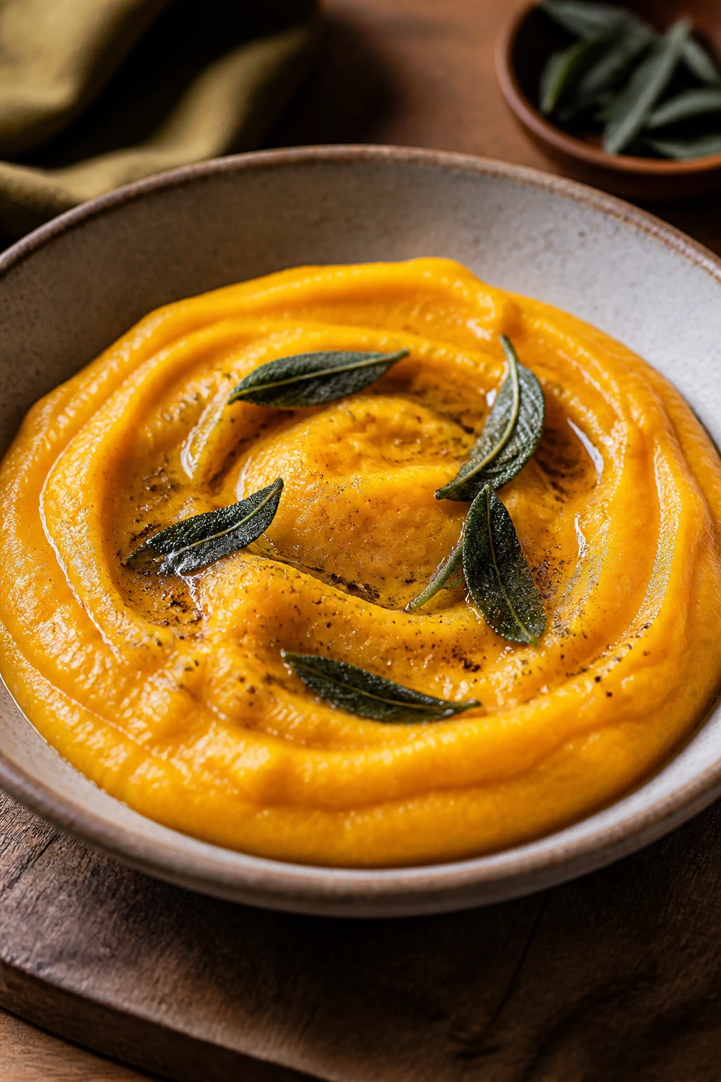 Silky butternut squash purée with sage oil on a bowl