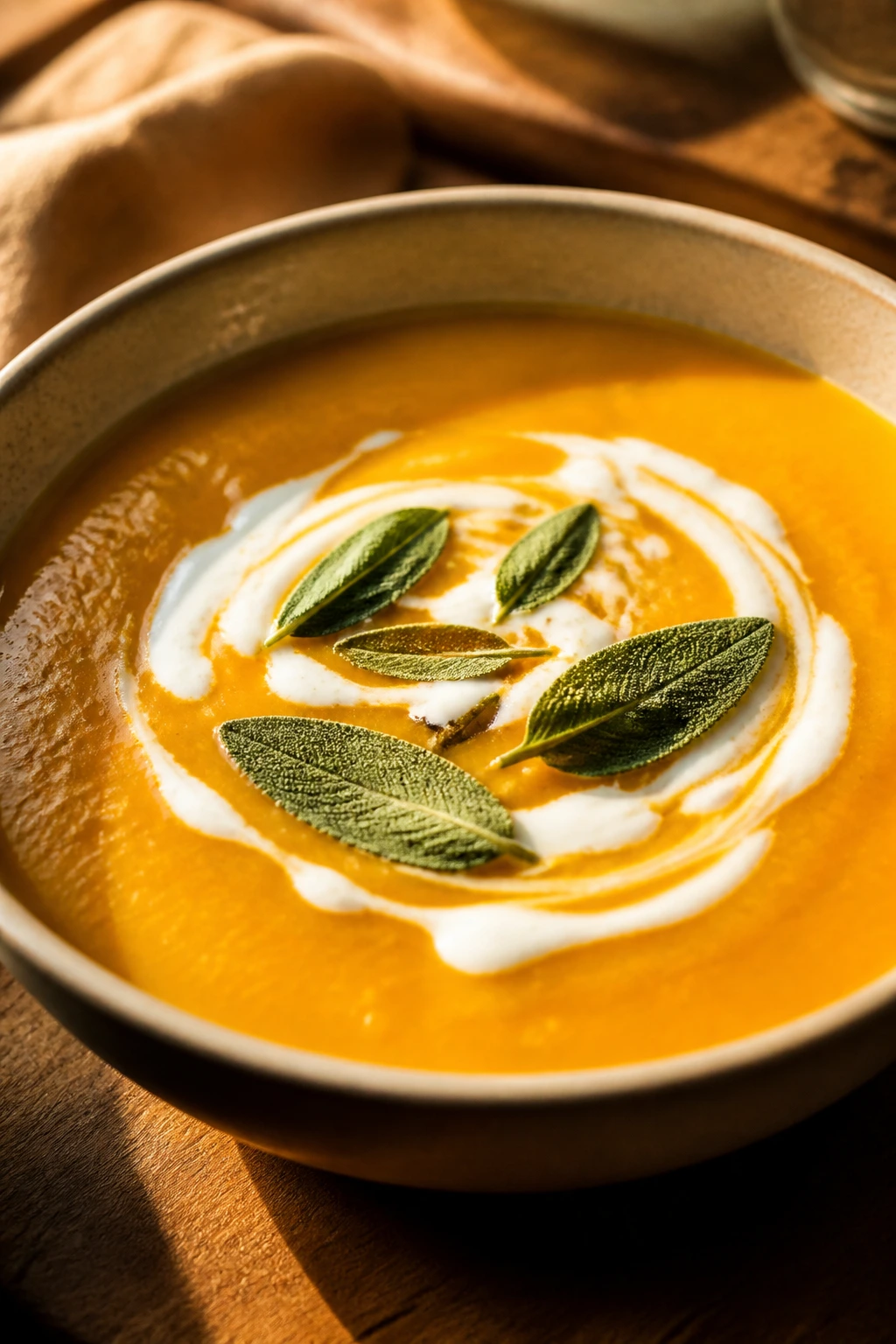 Velvety butternut squash soup with apple and sage garnish