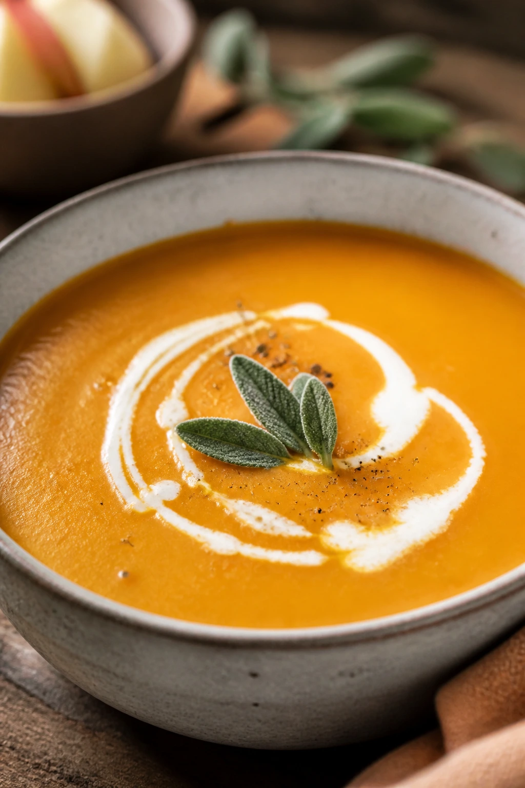 Bright orange butternut squash soup with sage garnish