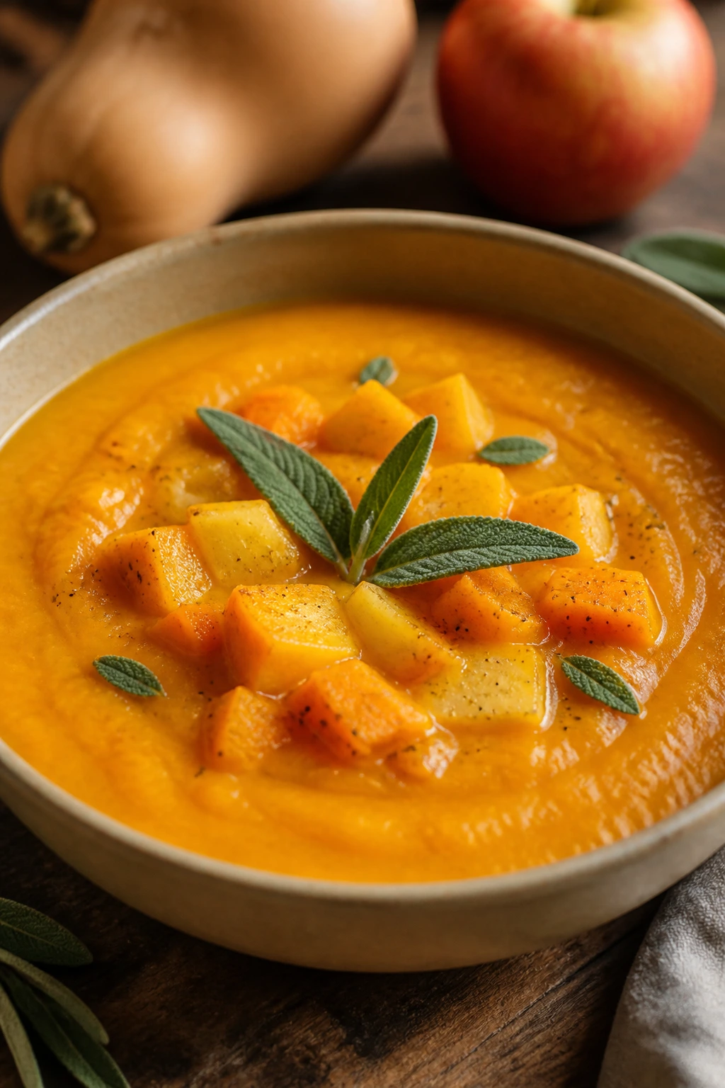 Close-up of butternut squash and apple soup in a bowl