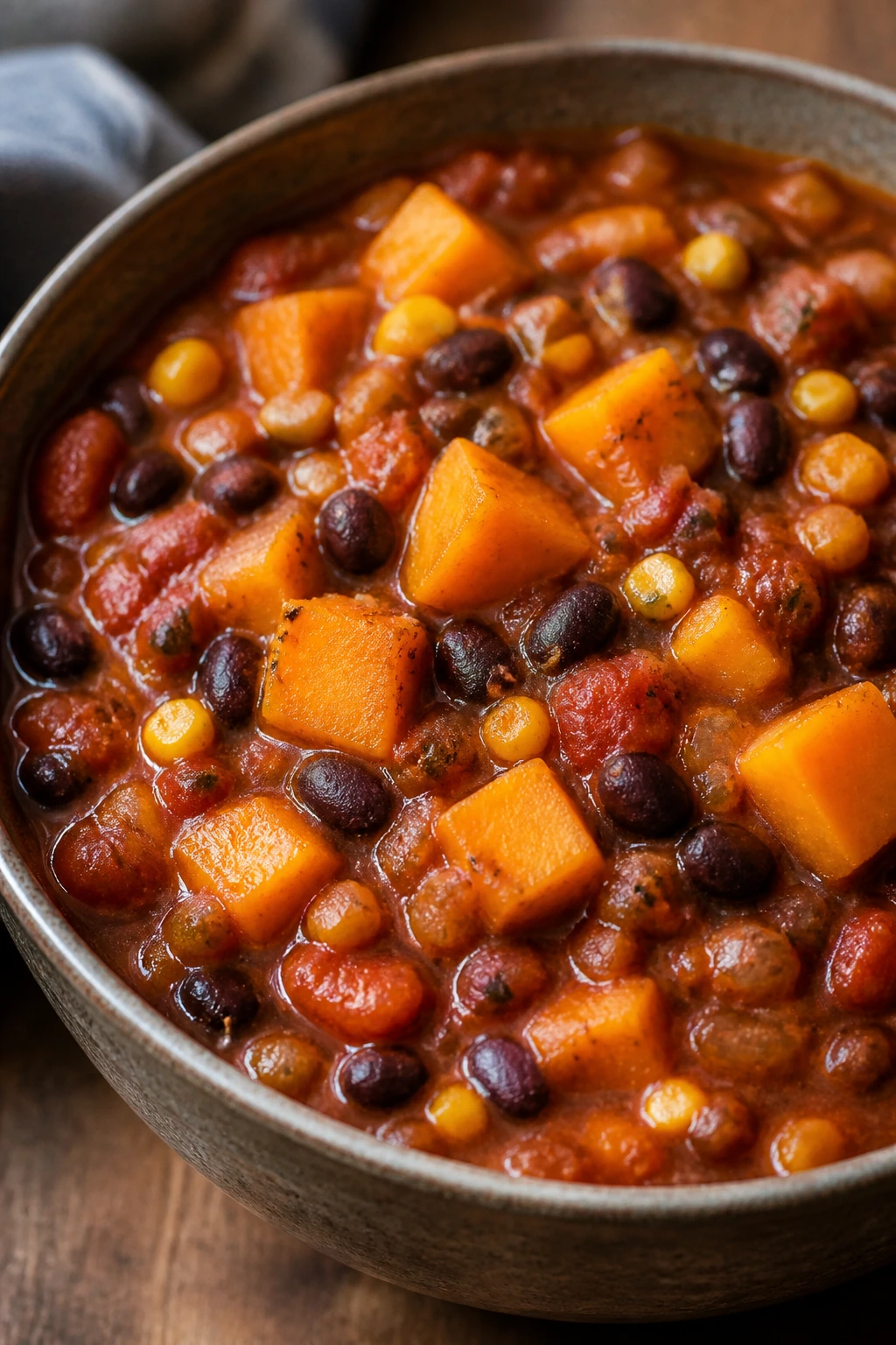 Close-up of butternut squash black bean chili in a rustic bowl