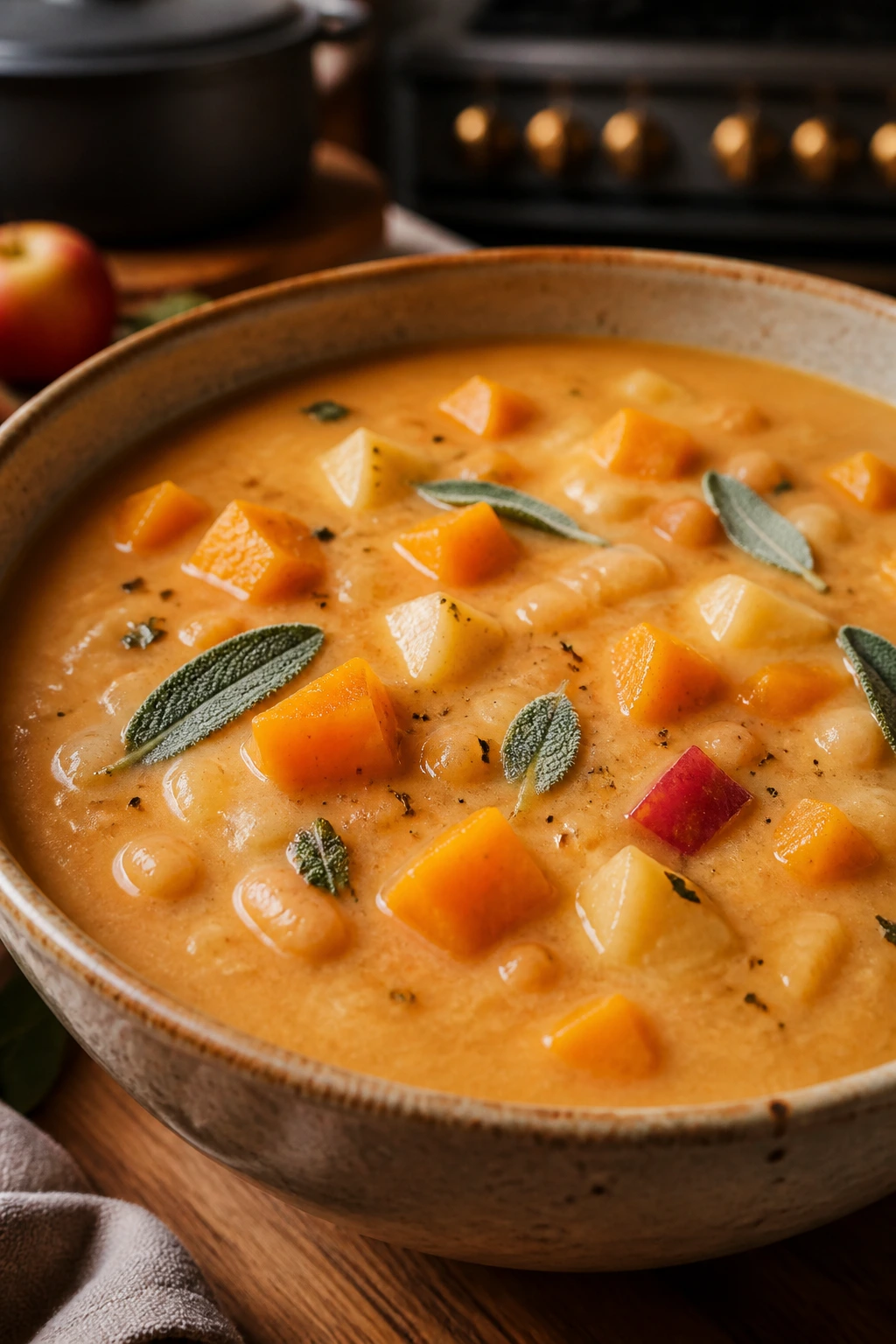 Creamy butternut squash and apple chowder in a bowl on a wooden table