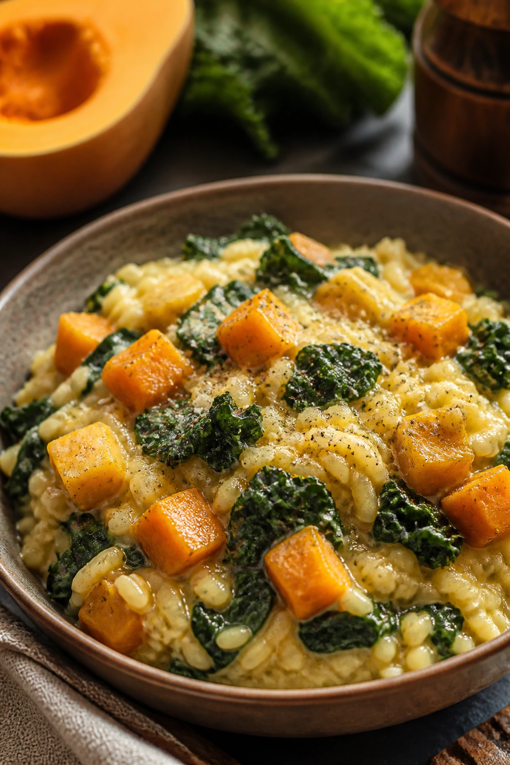 Creamy butternut squash kale risotto in a bowl